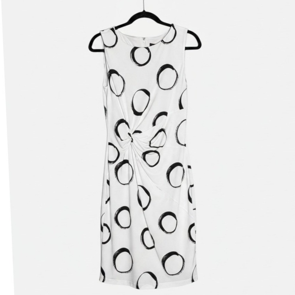 DKNY Dress Womens 8 NWT White Black Circle Print Side Knot Sheath Sleeveless
